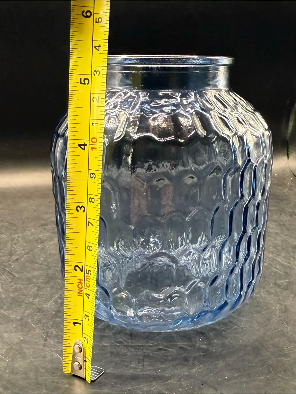 Vintage Style Blue Glass Honeycomb Vase - 5.5 Inch Bud Vase - Textured Diamond